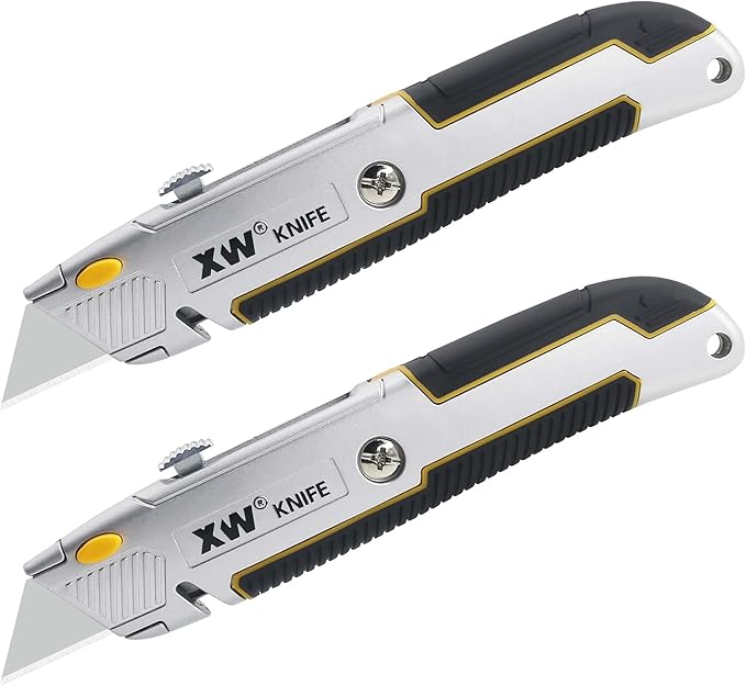 XW Retractable Utility Knife, Heavy Duty Zinc Alloy Box Cutter with Total 10 PCS Blades, 2-Pack