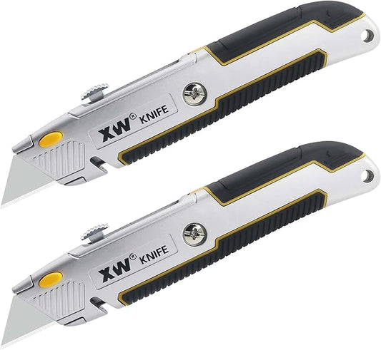 XW Retractable Utility Knife, Heavy Duty Zinc Alloy Box Cutter with Total 10 PCS Blades, 2-Pack