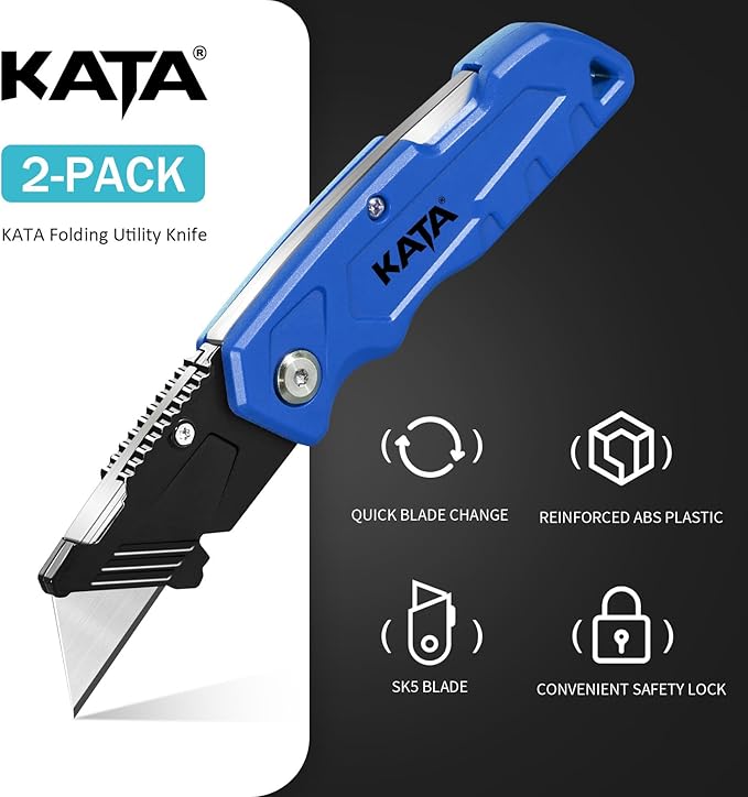 KATA Box Cutter, 2-Pack Tough Folding Utility Knife for Heavy Duty Purpose, Extra 10Pcs Razor Sharp Blades, Comfortable Handle, Gifts for Cutting Drywall, Sheet Plastic, Linoleum, Boxes, Carton, Rope