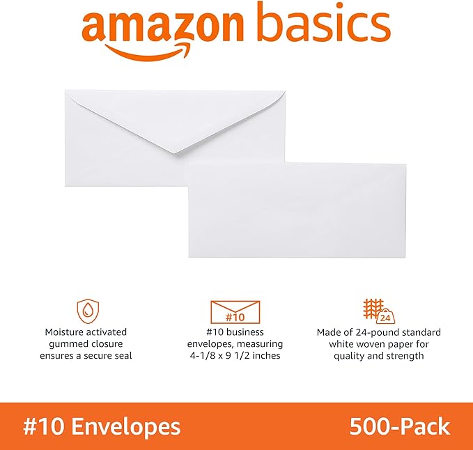 Amazon Basics #10 Business Letter Envelopes with Gummed Seal, No Tint, White, 500-Pack