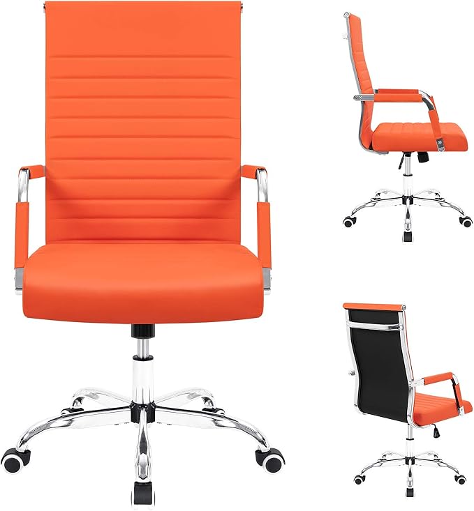 Furmax Ergonomic Office Desk Chair, Executive Ribbed Mid-Back PU Leather Conference Room Chair Adjustable Swivel Chair with Arms (1, Orange)