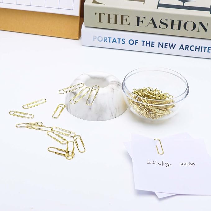 100pcs 28mm Gold Paper Clips Medium in White Marble Paper Clips Holder Dispenser Round Paperclips Storage Case for Office Desk Organizer Accessories (Marble)
