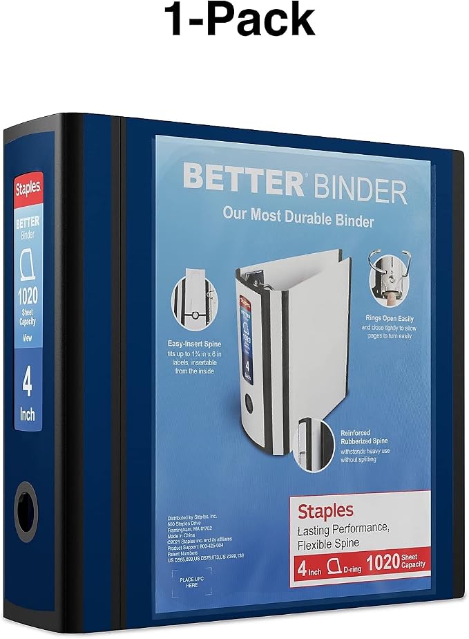 Staples Better Binder 4-Inch D-Ring View Binder, Reinforced Spine, Holds Up to 800 Sheets, Blue, for Office & Archiving