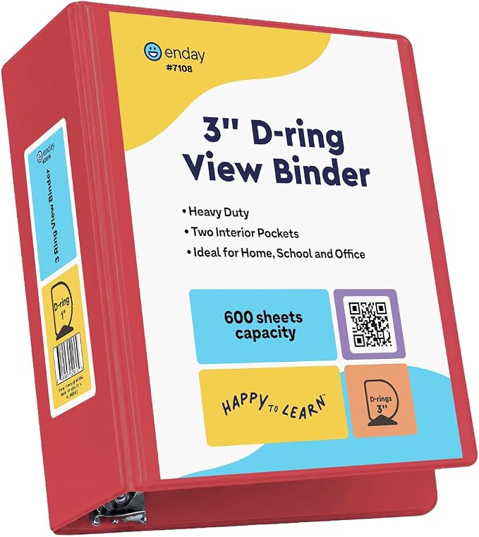 Enday 3 Inch Binder Red 3 Ring Binder 3 Inch, Heavy Duty Three Ring Binder, 600 Sheets Capacity - 3 Inch Binder for Home School and Office