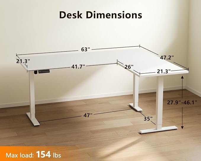 Casaottima 63 Inch L Shaped Electric Standing Desk, Home Office, White | Reversible Corner Desk with Height Adjustment, Ergonomic Sit Stand Table for Home Office, Computer Workstation