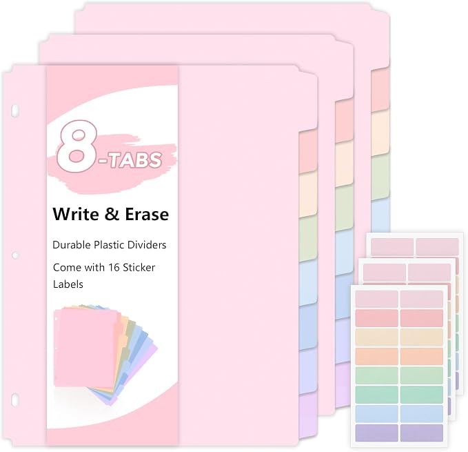 SKYDUE 8-Tab Write&Erase Plastic Dividers for 3 Ring Binder, 3sets,Pink | Binder Dividers for Letter Size,Divider Organizers for Student, Teacher, College & Office,Aesthetic Pastels School Supplies