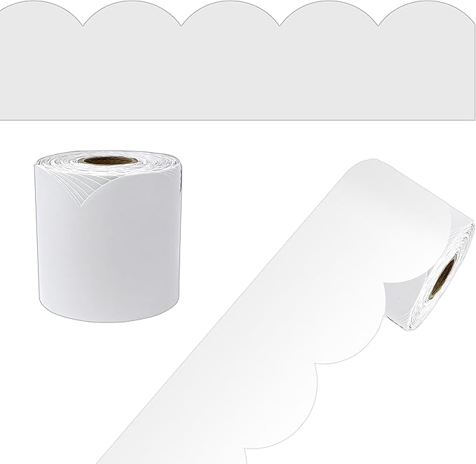 Carson Dellosa 65Ft of White Bulletin Board Borders, 1 Roll of Scalloped Paper Trim for Whiteboard, Cork and Posterboard, Party, Office Decorations, and Classroom Decor