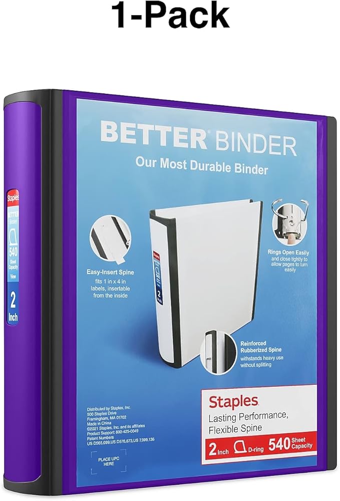 Staples Better 2-Inch 3-Ring Binder, Purple – Heavy-Duty Binder for School & Office Storage