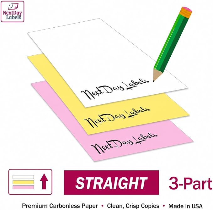 NextDayLabels - Superior Carbon-Less NCR, Pre Collated Paper, 500 Sheets Per Pack (8-1/2" x 11" 3 Part Straight, #5909) | Pre Collated Paper, 500 Sheets Per Pack, Made IN USA, Each pack includes 500 pre-collated sheets
