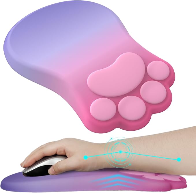 L-SPOUTTO Ergonomic Mouse Pad with Wrist Rest,Pink Mouse Pad Wrist Support | Cute Cat Paw Comfortable Massage Design,Computer Pain Relief Mousepad with Non-Slip Base for Desk Laptop Gaming,Pink&Purple