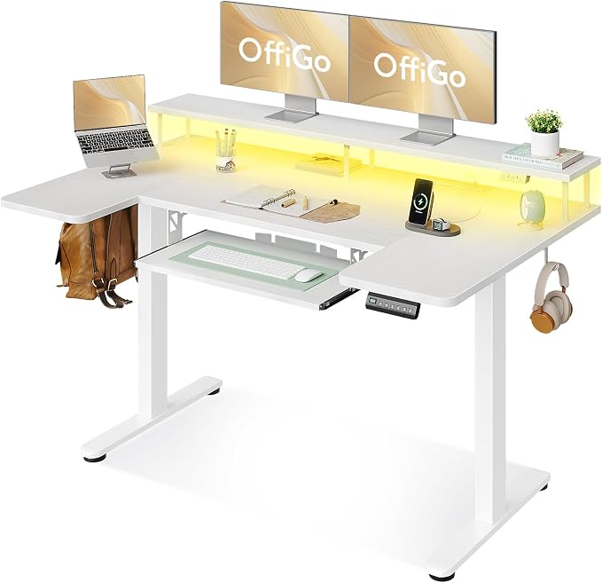 55 Inch U Shaped Electric Standing Desk with Keyboard Tray, White | 3 Outlets & 2 USB Ports, Dual-Monitor Stand, 10 Colors & 10 LED Modes, 3 Presets, 28.3"-46.5"in Range, 154 lb Capacity