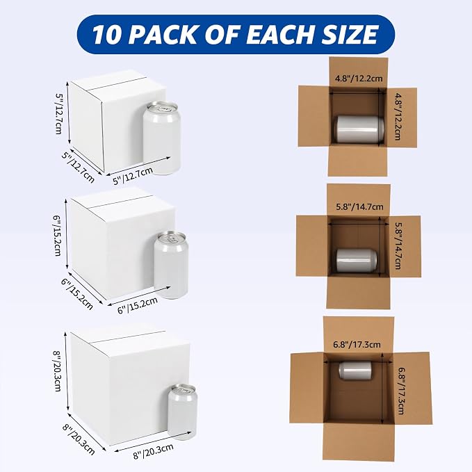 CRUGLA Assorted Sizes Shipping Boxes 30 Pack (8x8x8, 6x6x6, 5x5x5), White Corrugated Cardboard Mailers, Each 10 PCS Small Boxes for Small Business Packaging, Shipping & Storage
