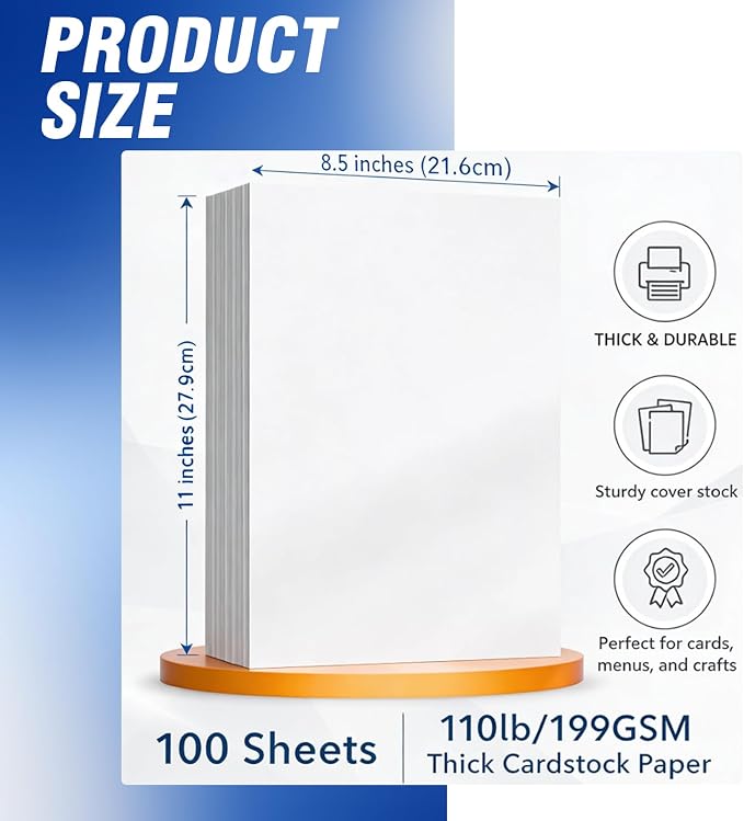 Veritas White Cardstock 8.5 x 11”, 110LB Index/199GSM Heavyweight Card Stock, 100 Sheets, Thick Cardstock Printer Paper for Copy, Printing, Art Projects, Invitations, Made In USA