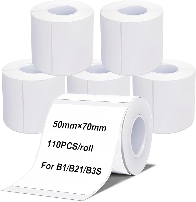 Thermal Labels Maker Tapes for B21/B3S/B1 Printer,1.91" X 2.75" (50 X 70mm) | 110 Labels/Roll,Multi-Purpose Adhesive Labels Sticker Paper for Home Office Small Business Address School,6 Rolls White