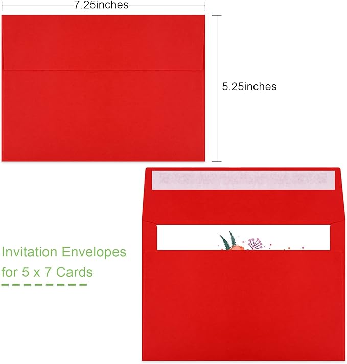 50 Packs 5x7 Envelopes, A7 5x7 Envelopes for Invitations, Printable Invitation Envelopes Self Seal for Weddings, Invitations, Photos, Greeting Cards, Mailing (Red)