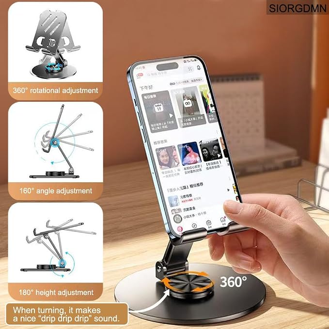 Cell Phone Stand for Desk,Metal Base,Adjustable,Foldable Cellphone Holder 360 Rotation Smartphone Holder with Non Slip Pads,Compatible with Phone, Android Smartphones (2 Pack,Dark Gray)