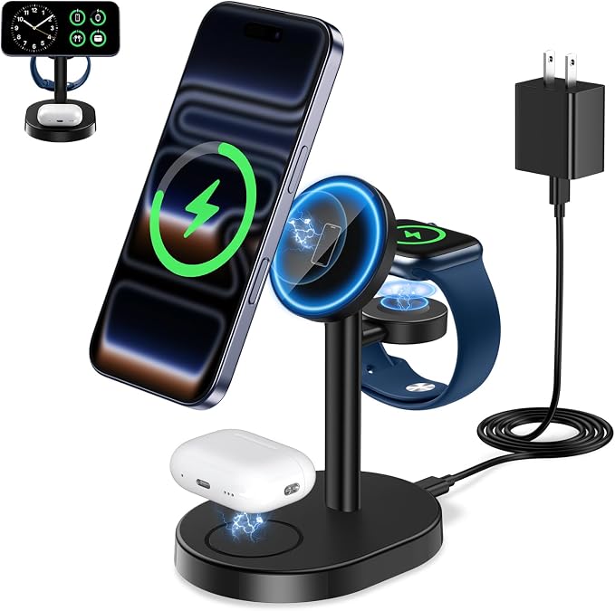 2026 3 in 1 Wireless Charging Station for Apple MagSafe Charger, 15W Fast Magnetic Mag-Safe Charger Stand for iPhone 17 16 15 14 13 12 17e Apple Watch AirPods Series, Gifts for Men