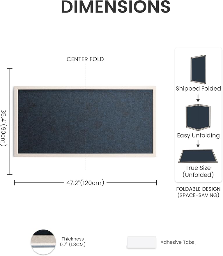 Fluxynara 47.2" x 35.4" Felt Frame Bulletin Board, Carbon Blue | Cork Board Alternative with 36 Removable Adhesive Tabs, Foldable Pin Board for Wall, Home, Office, Classroom & Dorm