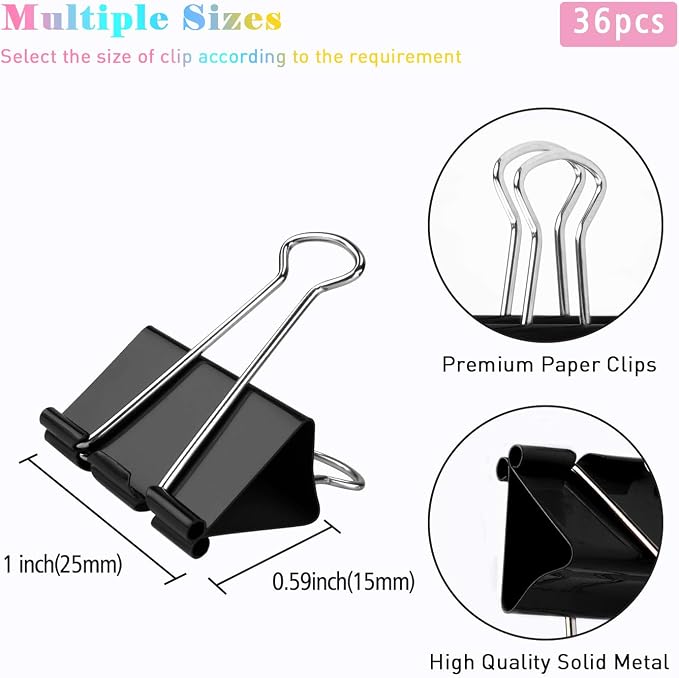 Binder Clips, 36 Pack, 1 Inch 25mm Black Metal Fold Clamps, Capacity 0.47 Inch, Heavy Duty Paper Clip for Sorting, Invoice Binding, Office School Household Daily Use