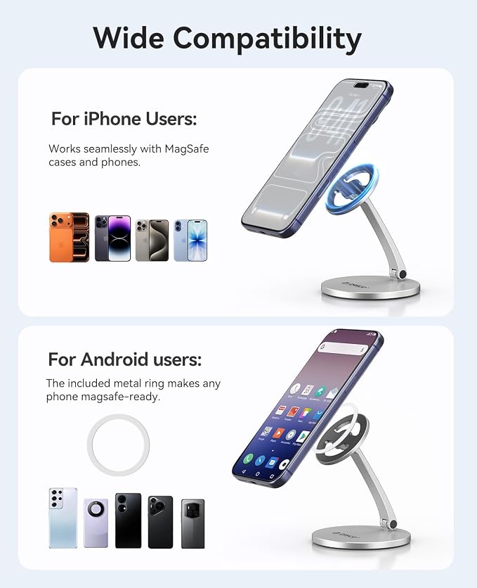 ORICO Magnetic Phone Stand for Magsafe, Adjustable Foldable Aluminum Alloy Stand for iPhone 17/16/15/14/13/12 Pro Max Air/Magsafe Case, Phone Holder for Desk, Streaming & Video Calls - PS1, Sliver