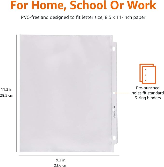 Amazon Basics Sheet Protectors for 3 Ring Binder, Non-Glare, Top Loading, Letter Size 8.5 x 11 in, Clear Plastic Sleeves, 100-Pack