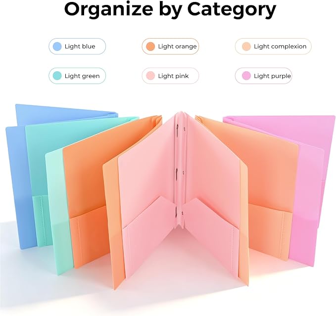 Two-Pocket-Folders with 3 Prongs, Letter Size Plastic Folders with Pockets and Prongs, Poly Plastic Folders for Office & School. 6 Pastel Colors (Assorted Colors - 12 Packs)