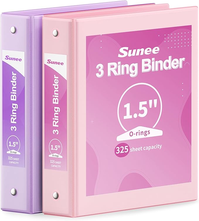 SUNEE 3 Ring Binder 1.5 Inch 2 Pack, Clear View Binder Three Ring PVC-Free (Fit 8.5x11 Inches) for School or Office Supplies, Pink & Purple