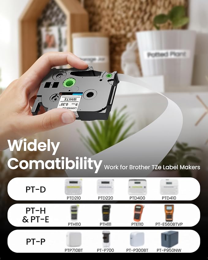TZe-221 TZ Tape 9mm 0.35 Laminated White Compatible with Brother P Touch | Label Tape 3/8 Inch TZ TZe221 Compatible with PT-D200 1280 1180 1830 Label Maker Tape Refills, 8m (26.2 ft), 4 Pack