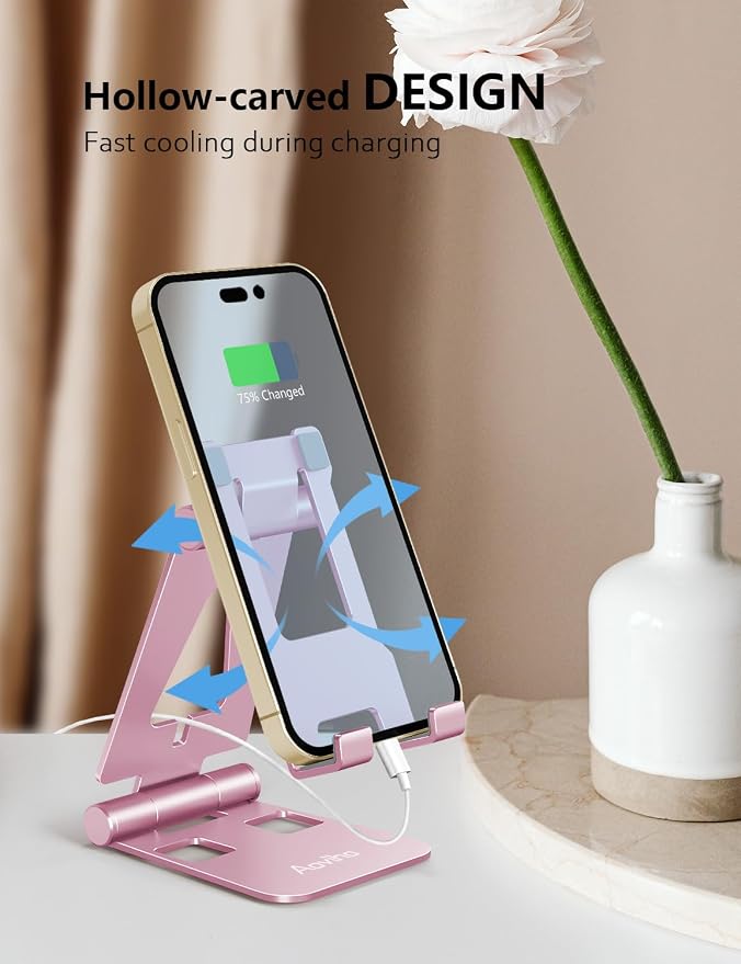 Aoviho Foldable Cell Phone Stand for Desk, Holder for iPhone,Pink | Folds Flat for Easy Storage, Hands-Free Viewing, Fits iPhone 17/16/15 Series & Samsung Galaxy, Ideal for Office & Home