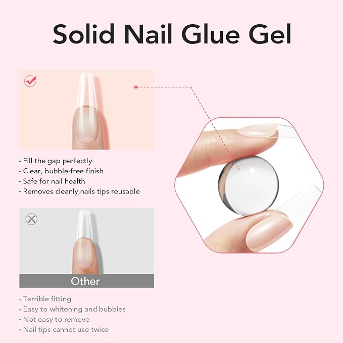 Curvlife Solid Nail Glue For Press On Nails, 15g Curv Life Solid Gel Nail Glue For Nail Tips, Solid Glue Kit For Clear Acrylic Nail Tips Solid Builder Gel For Nail Strengthen Uv Light Cured (20G Glue)