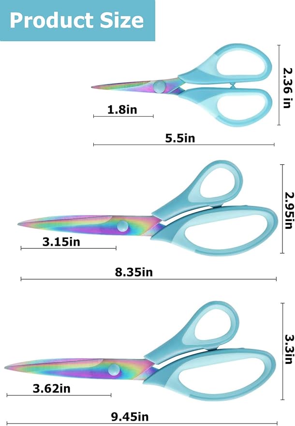 Scissors All Purpose,5, 8, 10 Inch 3 Pack,Blue | Sharp Blades, Comfort Grip, Home, Office, Sewing, Fabric, Kitchen, Arts & Crafts, DIY Supplies
