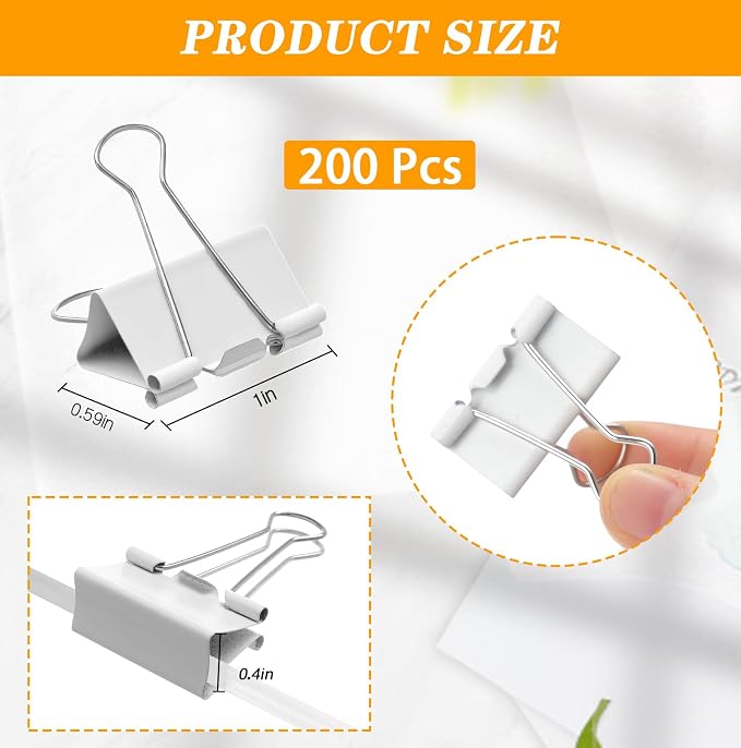 Jetec 200 Pack 1in/25mm White Metal Binder Clips Bulk Medium Reusable Fold Back Binder Clips Paper Clamps Spring Steel Sturdy for Home Office School Supplies