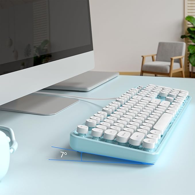 Computer Keyboard Wired, Plug and Play USB Retro Round Typewriter Keyboard, Full Size Wired Keyboard with Foldable Stands for Laptop and Office PC
