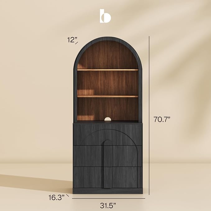 BELLEZE Arched Bookshelf with 3 Drawers Set of 2, 71" Tall Modern Wood Display Cabinet with Hutch, Modern Book Case Shelf with Storage Versatile Cupboard for Living Room Office, Ebony