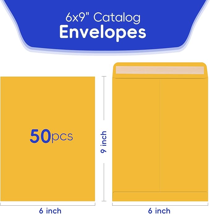 50 Pack 6x9 Envelopes Self Seal, Brown Kraft Catalog Mailing Envelopes 6 x 9 Manilla Envelopes for Mailing, Organize, Storage, Home, Office Business