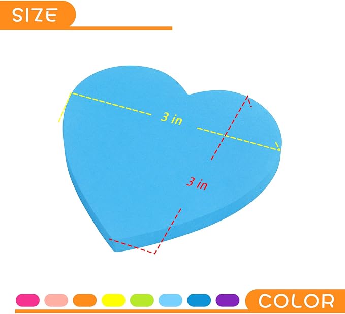 SIMONA Heart Shape Sticky Notes 3x3 in 8 Color Bright Colorful Sticky Pad | Heart Self-Sticky Note Pads, Cute Bright Color 8 Pads, 600 Sheets, Strong Adhesive Sticky Notes for Office, School, Family