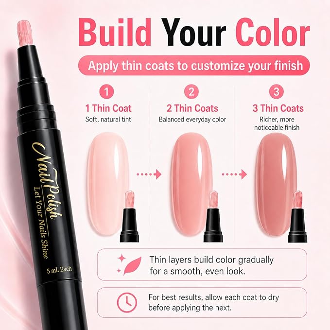 Nail Polish Pens 6 Colors, Quick Dry Water Based Nail Polish Set | Nail Polish Pens Quick Dry No UV Light Needed, Fast 60s Drying for Travel Office & Date, Basic Tones, 6 Pc