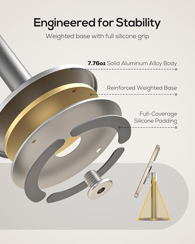 Nulaxy Magnetic Full Aluminum Cell Phone Stand with 360 Rotating Adjustment | Stable Base, Includes Metal Ring, Works with Thick Cases, Hands-Free, Office Accessories, Compatible with All Phones