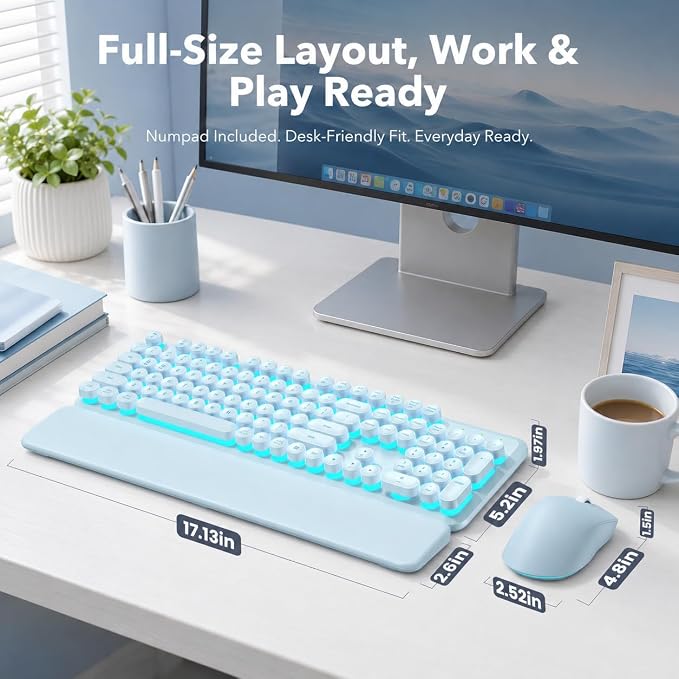 Rechargeable Backlit Wireless Keyboard and Mouse Combo, Retro Round Keycaps, Light Up Letters, Magnetic Wrist Rest, 2.4GHz Cordless for Mac Windows PC Laptop, Glowing Dusty Blue