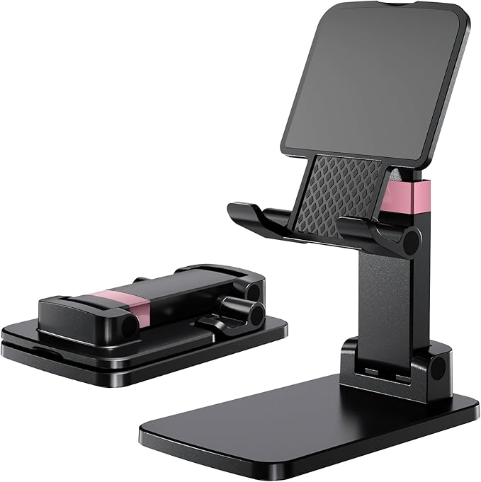 Phone Stand for Desk Cellphone Holder Height Angle Adjustable Stands, Anti-Slip Base, Compact Design for iPhone Android Devices,Black,1Pack