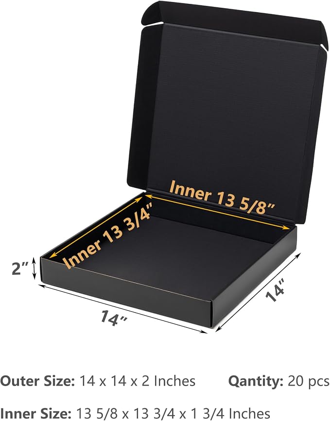 Timirog Black Shipping Boxes 14x14x2 Inches 20 Pack Corrugated Cardboard | Mailing Box for Small Business, Tab Locking Literature Mailer Packaging Supplies for Packing Gifts