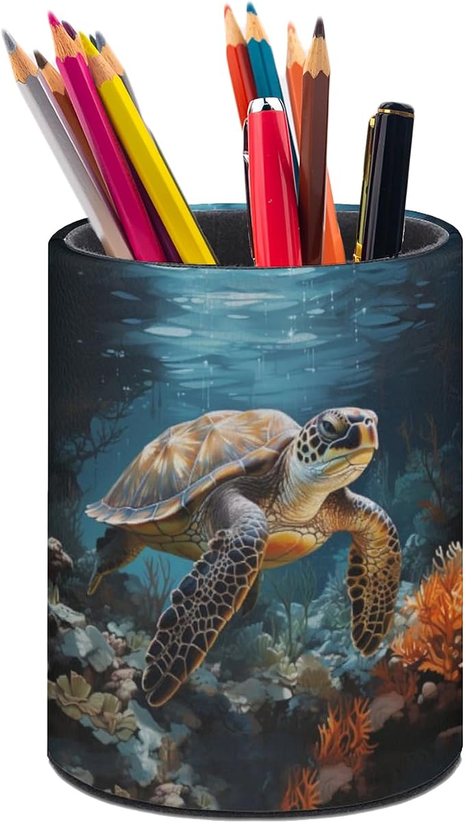 Sea Turtle Pen Holder Pencil Cup for Desk Organizer | Cute Makeup Brush Holder PU Multifunctional Office Suppliesfor Decor Home Classroom School