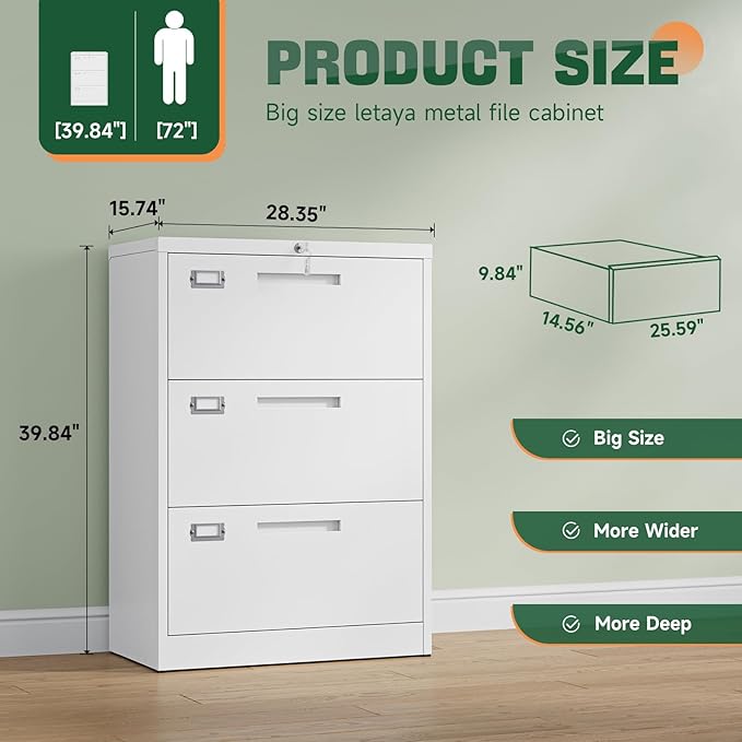 3 Drawer File Cabinets with Lock,Metal Lateral Filing Storage Cabinet Printer Stand,White Steel Home Office Cabinet for Hanging Files Letter/Legal/A4 Size (White, H39.84×W28.35×D15.74)