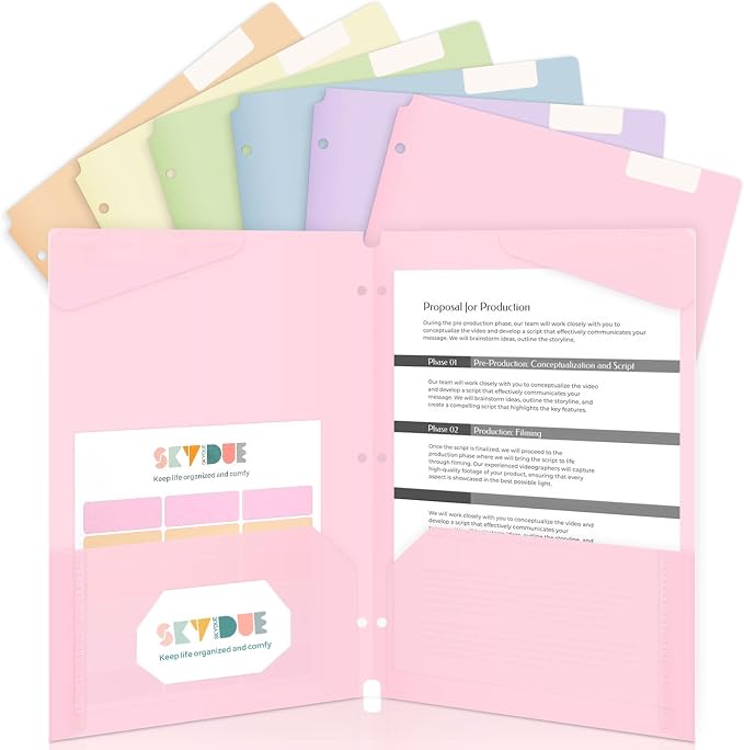 SKYDUE Plastic Folders with Pockets, 6 Pack File Folders with Tabs & Stay-Put Flaps, 3 Hole Punch 2 Pocket Folders for 3 Ring Binder, Letter Size Document Organizer for School Office, Sweet Pastels