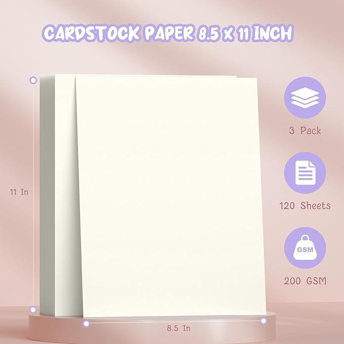120 Sheets Cream Cardstock Printer Paper 8.5 x 11, Ivory Cardstock Paper, Construction Paper 8.5 x 11, Card Stock Paper 8.5x11, 200GSM Thick Cardstock for DIY Cards, Greeting Cards, Wedding Invitation