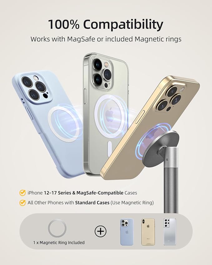 Nulaxy Magnetic Full Aluminum Cell Phone Stand with 360 Rotating Adjustment | Stable Base, Includes Metal Ring, Works with Thick Cases, Hands-Free, Office Accessories, Compatible with All Phones