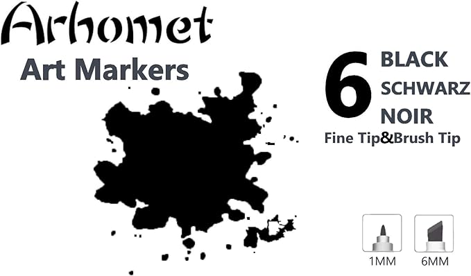 Arhomet 6pcs Black Alcohol Markers Set, Dual Tips Art Markers Drawing Sketched Double Tipped for Beginner Adults Artists (Black)