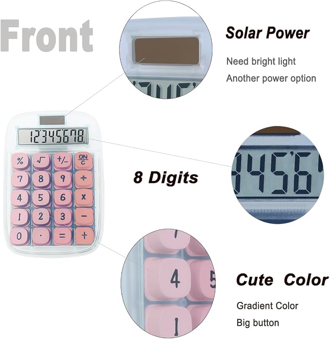 Cute Calculator, Mechanical Calculator (Pink) | Large LCD Display 8 Digit Tilt Screen and Big Button for Teachers Students Basic Office
