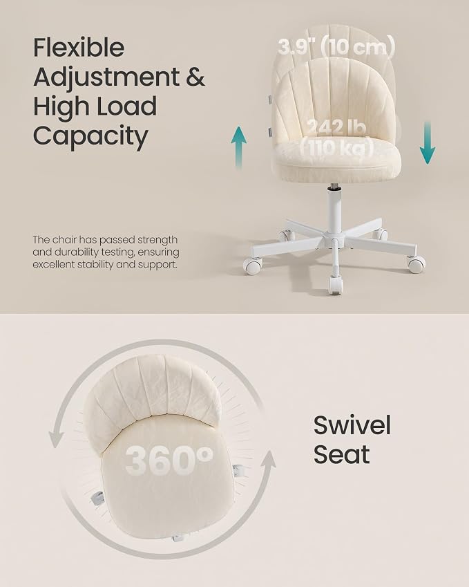 SONGMICS Office Chair, Swivel Makeup Vanity Desk Chair, Height Adjustable, Foam Padded, for Home Office, Bedroom, Dressing Room, Unique PU Leather, Cream White UOBG027W101