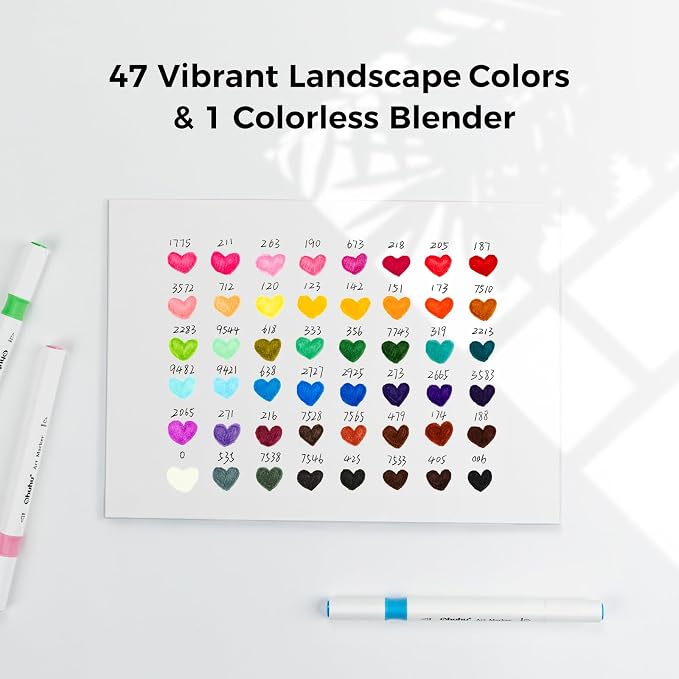 Ohuhu Alcohol Markers Brush& Fine 48 Landscape Colors for Adult Coloring | Brush Art Marker Set for Beginners Drawing Sketching, Dual Tips Alcohol-based Ink& Storage Case